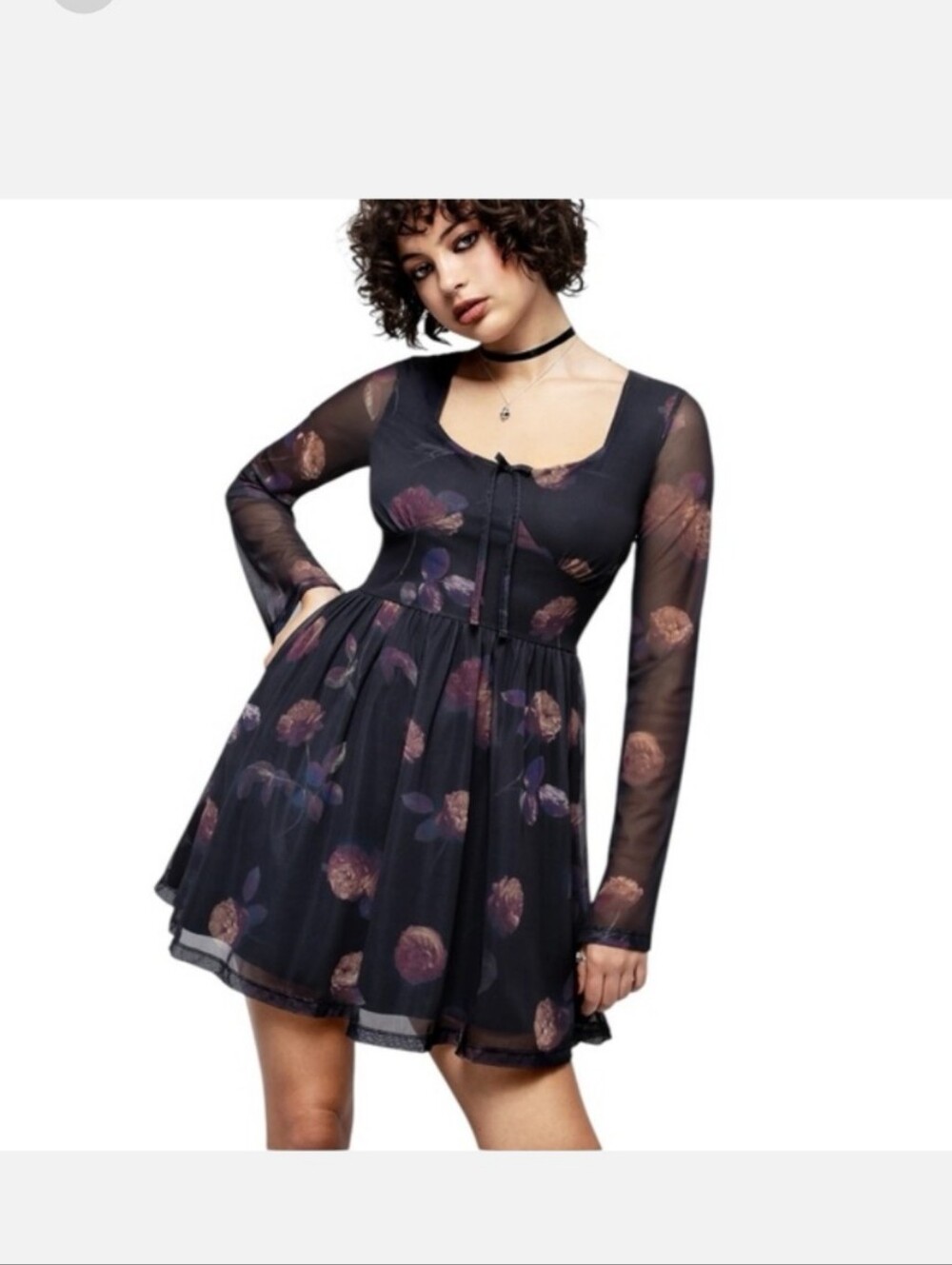 Disturbia Black Mesh Floral Long-Sleeve Mini Dress with Pink/Purple Blooms